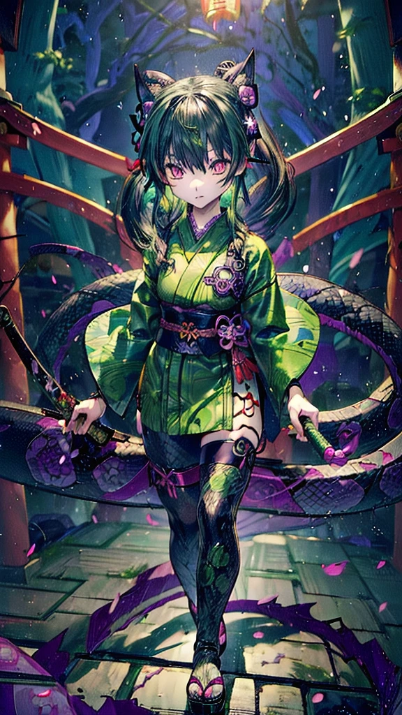 ((Personification of Yamata no Orochi))) (Beauty)、snake print tights、(((Japanese style goth loli))) (Dark green hair)、Composition: Fighting with a sword