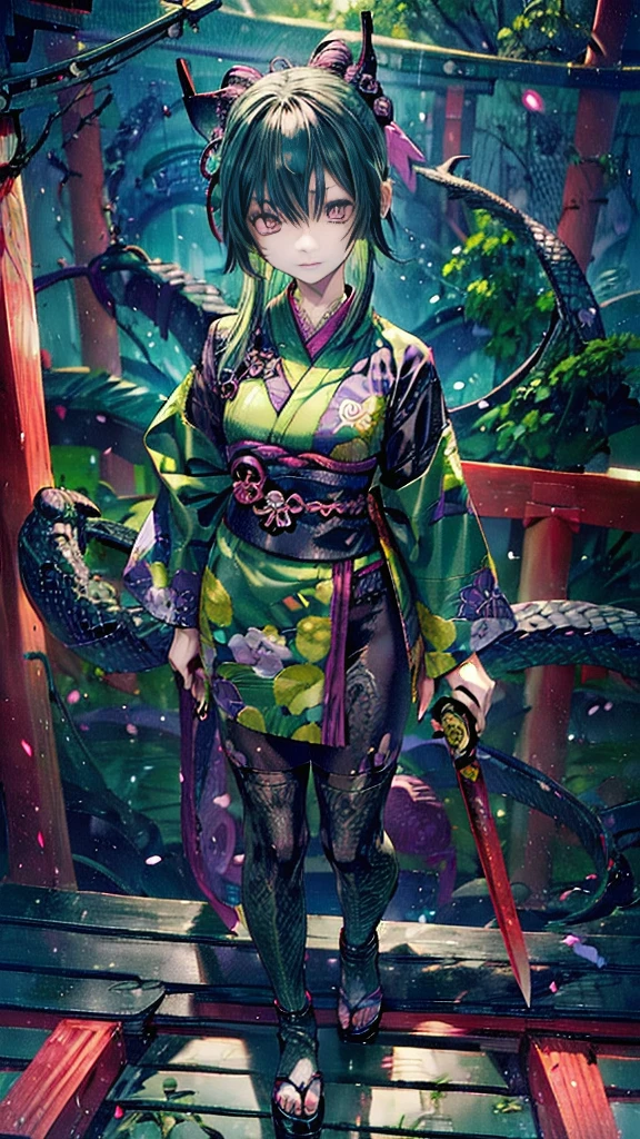 ((Personification of Yamata no Orochi))) (Beauty)、snake print tights、(((Japanese style goth loli))) (Dark green hair)、Composition: Fighting with a sword