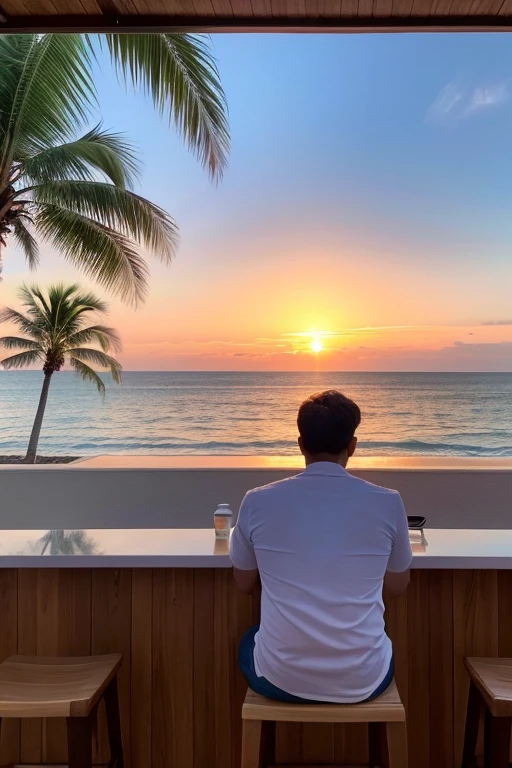 A tranquil beach scene at sunset, viewed from behind a 40-year-old Japanese man working on a laptop. The man is sitting at a stylish wooden beach bar counter near the shoreline. He's wearing smart casual attire suitable for a beach setting. An iced coffee is placed next to him. The sky is painted in shades of purple and pink with some wispy clouds, reflecting off the calm ocean waters. Palm trees sway in the background. The image should be composed to fit an iPhone 13 mini lock screen.

Details:
- The man is seen from behind, focusing on his silhouette and the scenery
- He's wearing smart casual clothing appropriate for a beach environment
- A sleek laptop is open in front of him
- An elegant wooden beach bar counter is visible, with a design primarily in white and brown tones
- The bar counter has a slightly sophisticated, chic design
- The ocean meets the shore near the bar
- The sky and sea are painted in vibrant purple and pink hues of sunset
- Some wispy clouds float in the sky, adding depth
- Palm trees are visible in the background
- An iced coffee in a clear glass is placed on the counter
- The overall atmosphere should convey a sense of freedom and work-life balance
- Ensure the composition is vertical and optimized for an iPhone 13 mini screen (2340x1080 pixels)