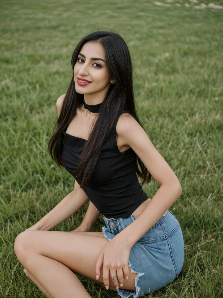 Noura, 1girl, solo, ((Qatari woman)), consistent face and body, ((MILF)), ((30 years old)), (mature), ((slim)), ((Qatari face)), (Qatari nose), (Qatari lips), ((medium straight hair)), upper body and upper legs, (background: overlooking eco-park in Manitoba), BREAK, (wearing light-black off shoulder blouse and ripped shorts), smirking, picnic shoot