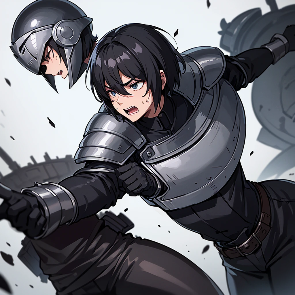 Best illustrations、Best Quality、(have a round shield)、(((Simple grey armor、Black trousers、Black gloves、Short Hair、Black Hair、20 year old man、Iron Helmet)))、(((Fighting Pose)))、(Old ruins、desert。Grass)、(Black, muddy swamp)、(Medieval Knight)、(Close your eyes、get annoyed、Open your mouth、Get angry、Sweat)、battlefield、(Dramatic Angle)、(White background)