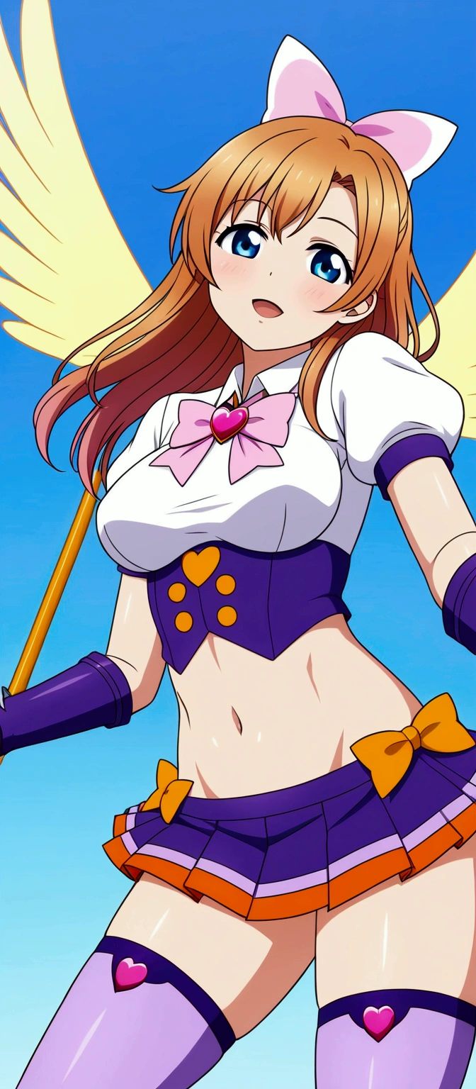(Masterpiece, Best Quality, High Quality), Kousaka honoka, purple elbow gloves, white top,short sleeves, micro pleated skirt, purple skirt, light purple thighhighs, magical girl , midriff