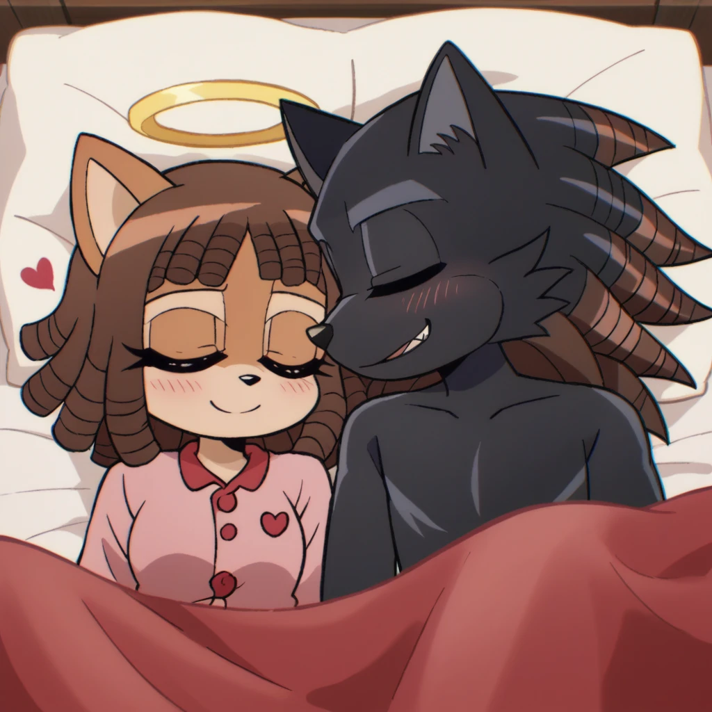 score_9, score_8_up, mobian, female, hedgehog, two-tone fur ((orange fur, brown fur)), pyjamas, two-tone hair (brown hair, black tip)), curly hair, halo, red eyes, longeyelashes, red eyes, smile, shy, blush, laying in bed, sleeping, hearts, under blankets, smile, mouth closed, closed eyes, female/male, mobian, anthro wolf, wolf tail, (((black body fur)))+++, (dreadlocks), brown eyes, Wearing Pajamas, cute, closed eyes, laying in bed, hearts