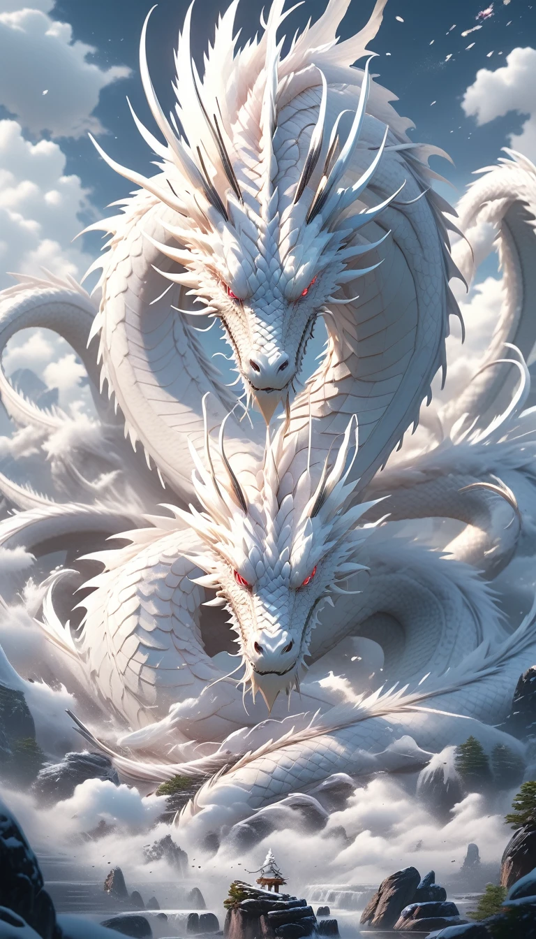 Ultra-high resolution, Sharp focus cinematic photography , Highest quality, Super detailed, 8k, mysterious,Big white dragon、