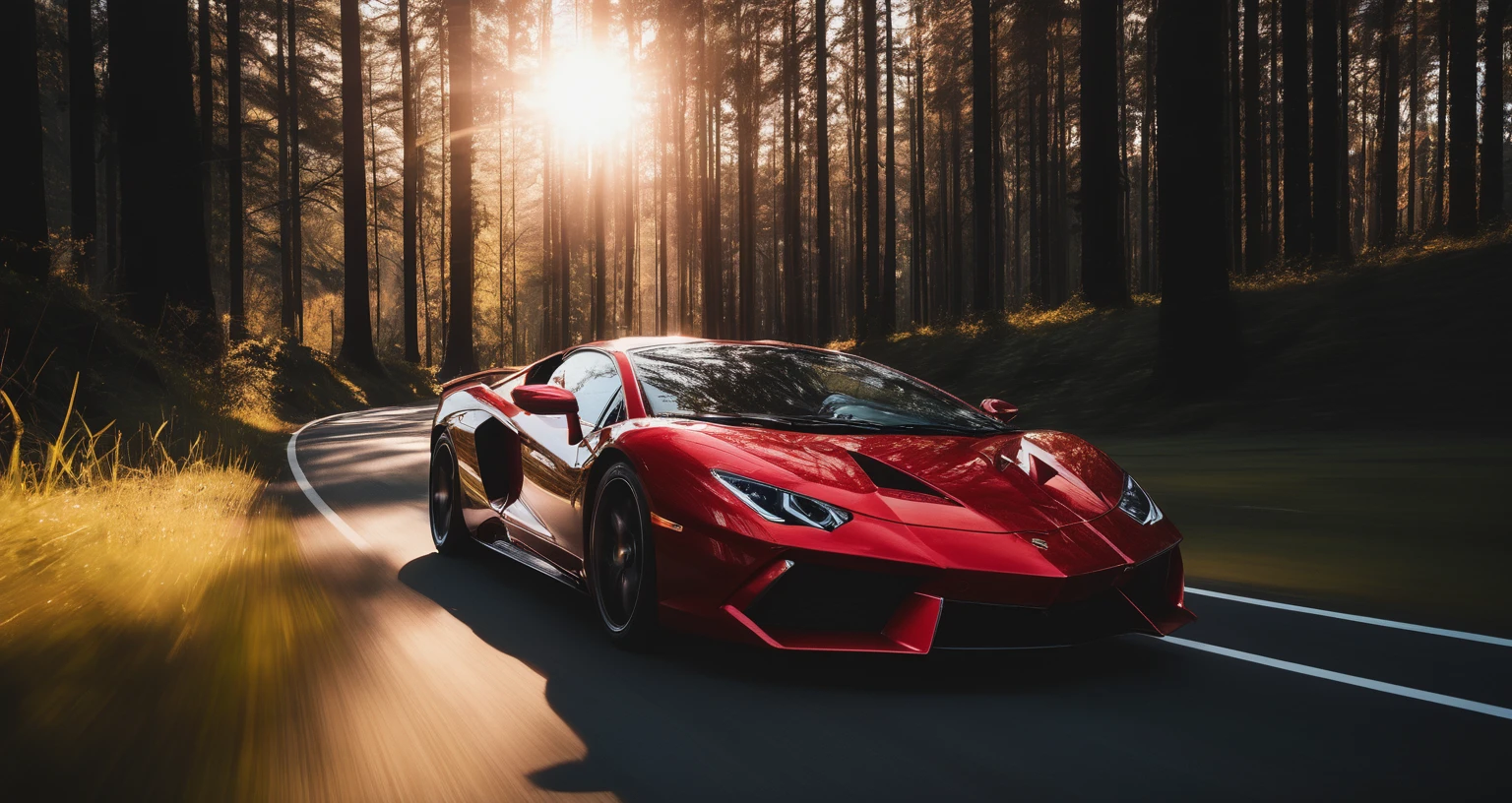 Sports car photos，A red sports car is on the right side of the screen，amazing，Drive on the highway，Showing speed and passion，Red photos，detail强化，blur background/Bokeh，Bright with natural light，Ray Tracing，Sunset sky，forest，Hill in the distance，Highly detailed environments，Low depth of field，HD，detail，8k，lens flare，Sunlight,