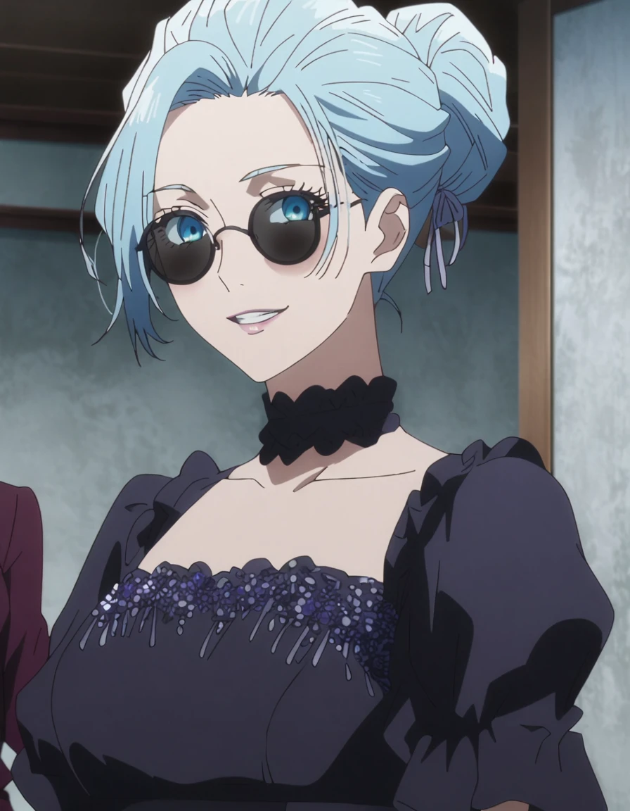 1girl, female gojo satoru, anime screencap from jujutsu kaisen, gojo satoru female version, solo, long_Silver hair, hair strands, hair bun, black round sunglasses, Blue Eyes, parted_lips, smiling, looking_at_viewer, perfect background, indoors, side view, eyelashes, (elegant prom night outfit), hair_between_eyes, floating hair, ((hair slicked from one side)), Party hall,