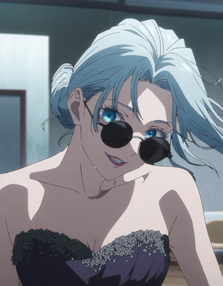 1girl, female gojo satoru, anime screencap from jujutsu kaisen, gojo satoru female version, solo, long_Silver hair, hair strands, hair bun, black round sunglasses, Blue Eyes, parted_lips, smiling, looking_at_viewer, perfect background, indoors, side view, eyelashes, (elegant prom night outfit),  hair_between_eyes, floating hair, ((hair slicked from one side)), Party hall, 