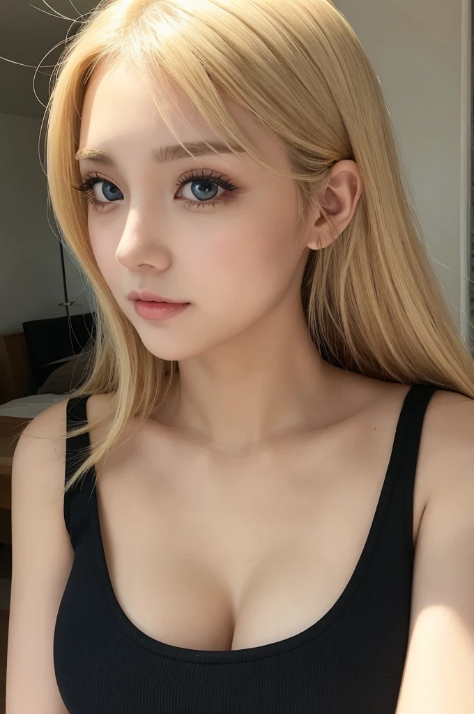 Blonde beauty, straight nose, perfect face line, big eyes, wide double eyelids, upturned mouth, big breasts, sleeveless tank top