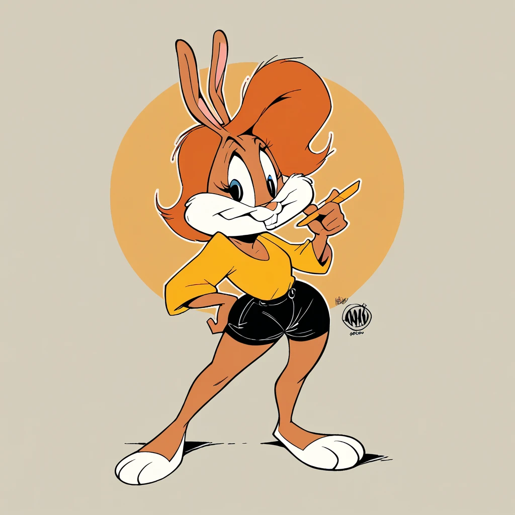 Babs bunny, in the cyberworld, at the cyberbeach, wearing black shorts, daffy duck in the scene, has thick thighs, curved smiling, chuck jones style, 80s hybrid eary cgi technology,
