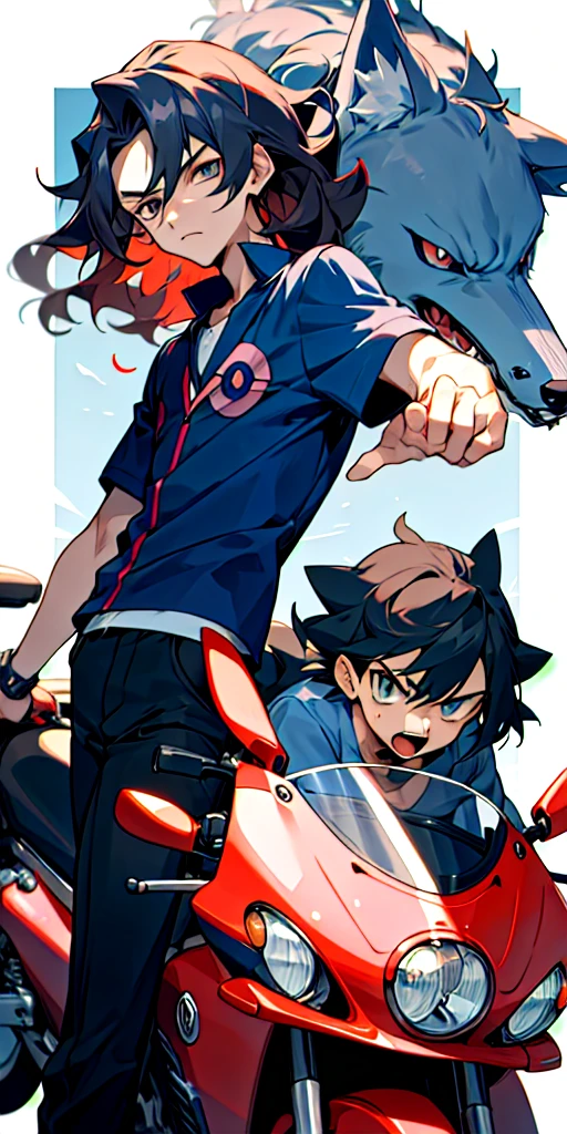 21 Year old guy, Wolf cut wavy hair, Rose blige skin, Psychic type Pokemon trainer, Pokemon trainer, Angry expression, Navy blue shirt, cool, motorcycle, competitive 