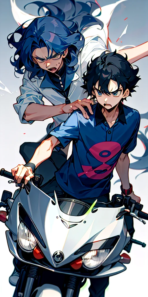 21 Year old guy, Wolf cut wavy hair, Rose blige skin, Psychic type Pokemon trainer, Pokemon trainer, Angry expression, Navy blue shirt, cool, motorcycle, competitive