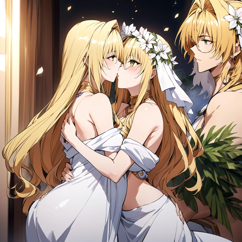 A woman is raped and violated by a man、((Highest quality)), ((masterpiece)), (detailed), (Perfect Face)、The woman was a tiare with green eyes and medium-long blonde hair, and was wearing a luxurious, shiny, gold-colored, long-slit see-through dress with gorgeous embroidery and trim, which allowed her skin to show through, a gold-colored see-through cape, and a gold-colored see-through veil. She was wearing a gorgeous jeweled hair accessory, a jeweled head dress chain, a jeweled waist chain, a gorgeous necklace, bracelets, ankle bracelets, jeweled earrings, and shiny gold boots. She was also wearing an engagement ring.