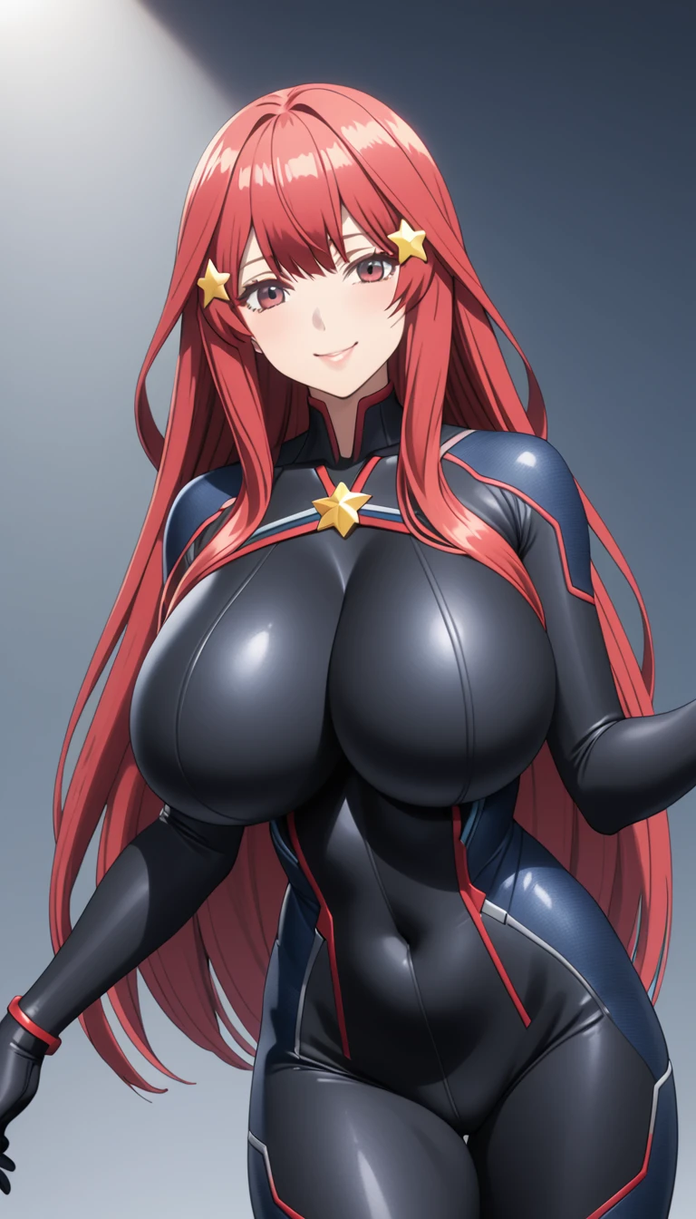 (Masterpiece、Highest quality、Very detailed、4K)、One Woman、************、((((Bodysuits))))、((Super big breasts))、((cool))、smile、Red Hair、Long Hair、(((Nakano May)))、Star-shaped hair fastening、chest、arm、