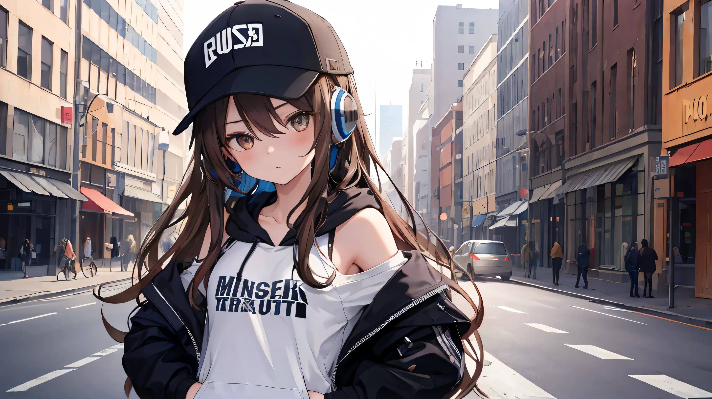 masterpiece,One girl,alone,Long Hair,Brown Hair,hoodie,Off the shoulder:1.2, Mob Cap, street,Hands on hips, Put your hands in your pockets,(Headphones)