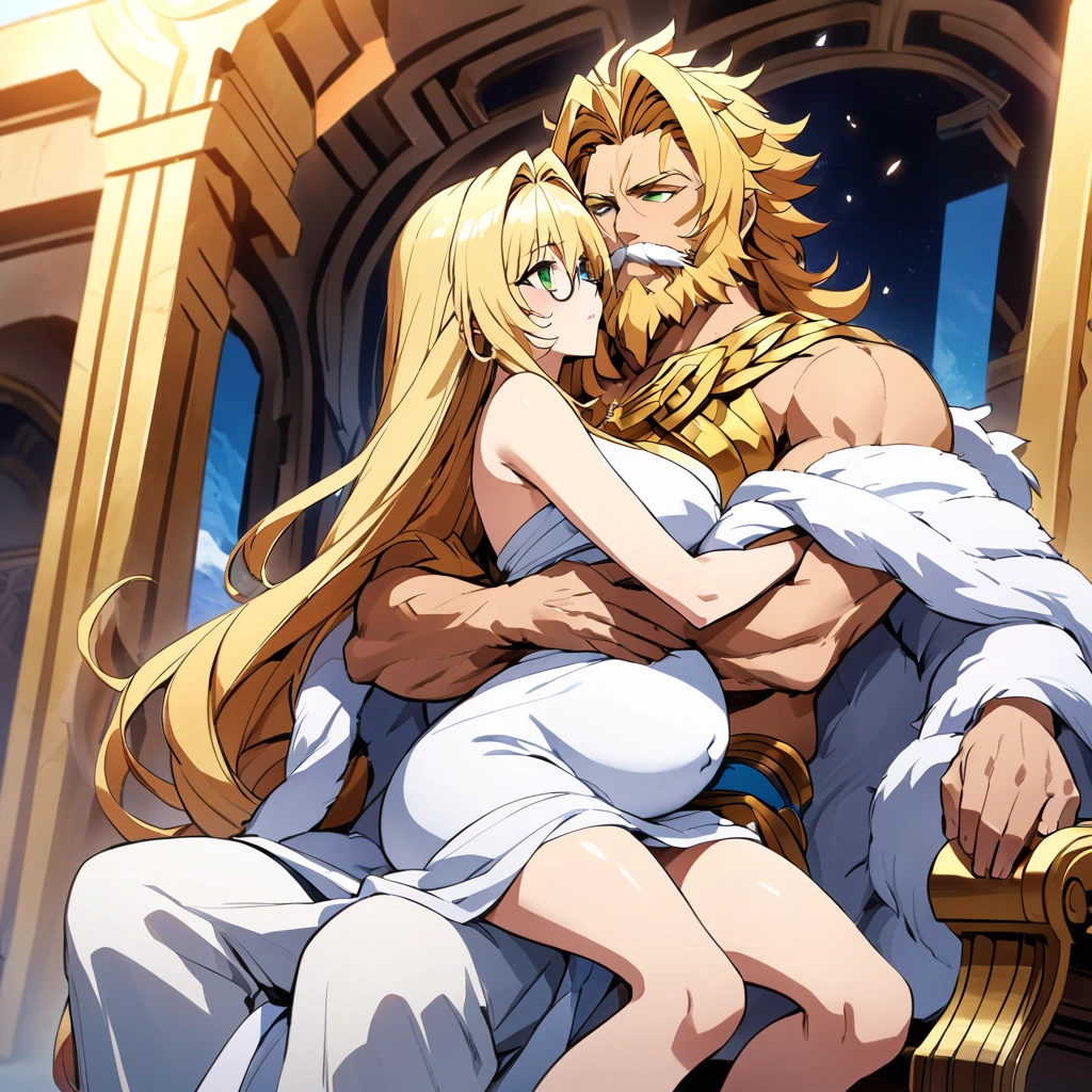 ((Highest quality)), ((masterpiece)), (detailed), （Perfect Face）、A woman is a goddess, both in mind and body, who became the goddess Hera in Greek mythology.々Hera, the wife of Zeus, king of the gods, is a goddess and queen who happily hugs and kisses a man.、The woman was the queen of Zeus, the goddess Hera. She had green eyes, blonde medium-long hair, was wearing a gorgeous white ancient Greek Doric chiton, an engagement ring, and gorgeous accessories. She was an elegant, graceful, and beautiful goddess, Hera, the wife of Zeus.、A woman is embracing, kissing and cuddling with the majestic, bearded, elderly god Zeus, wearing a white ancient Greek Doric chiton, on a luxurious throne in a temple、The man is a bearded old man wearing a dignified white ancient Greek Doric chiton, the god Zeus, embracing and kissing a woman、the woman is pregnant