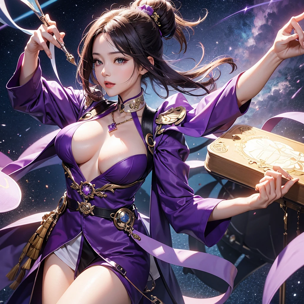 Imagine the MBTI Commander、Create a single woman in purple who works hard.。