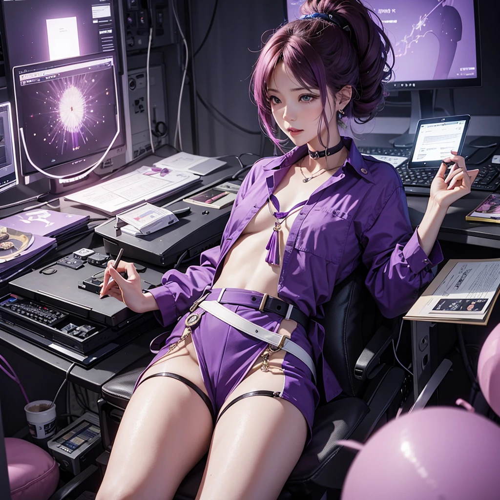 Imagine the MBTI Commander、Create a single woman in purple who works hard.。