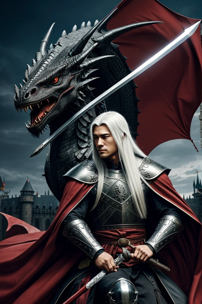 A handsome young Asian man with long white hair, wearing black medieval armor all over, a blood-red cloak, holding a medieval sword, was riding a large, ferocious black dragon in front of the castle.