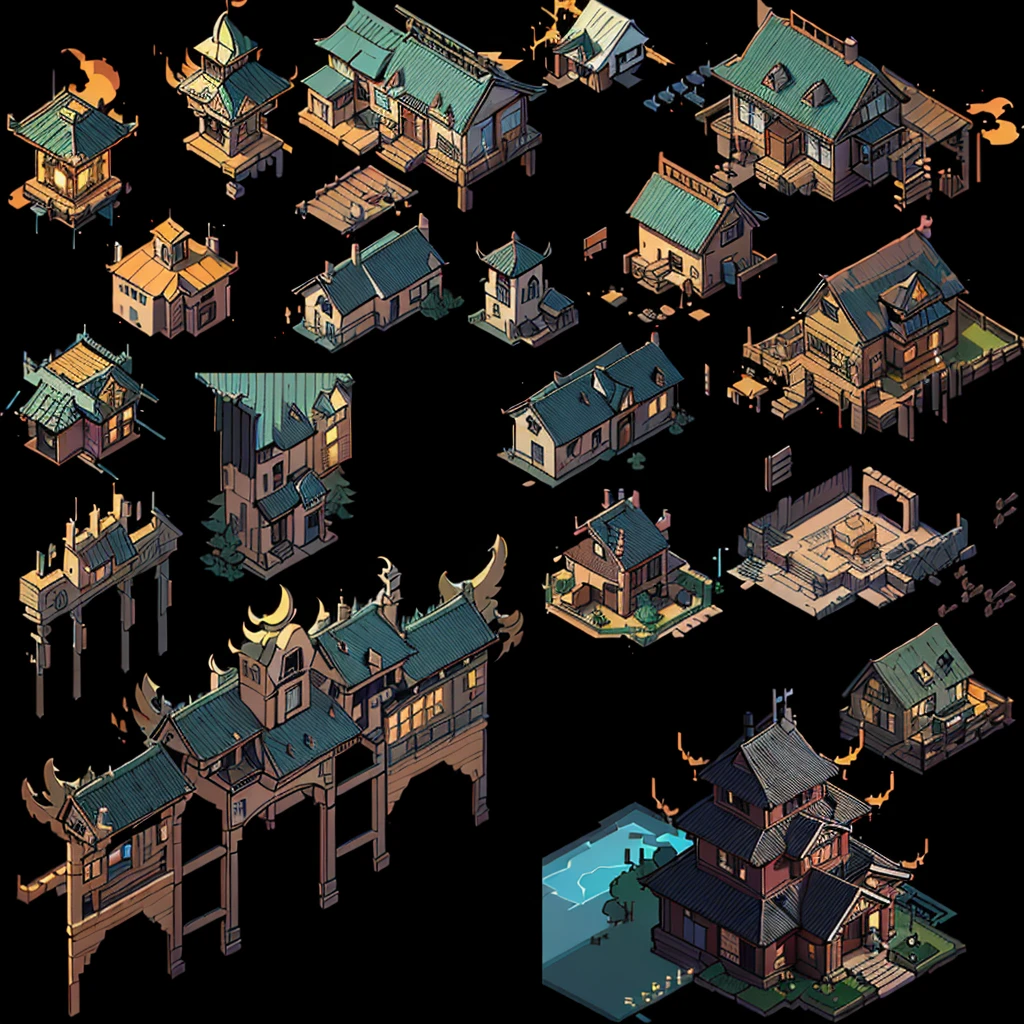 Close up of a bunch of different buildings and structures, isometric Game assets, Isometric Game Art, Isometric 2D Game Art, Isometric 3d fantasy, Game assetss, Pre-rendered isometric graphics, isometric views. Game Role Playing, Highly detailed isometric, video Game assetss, High Detail, Game assets, RPG Game Environment Assets, Isometric pixel art