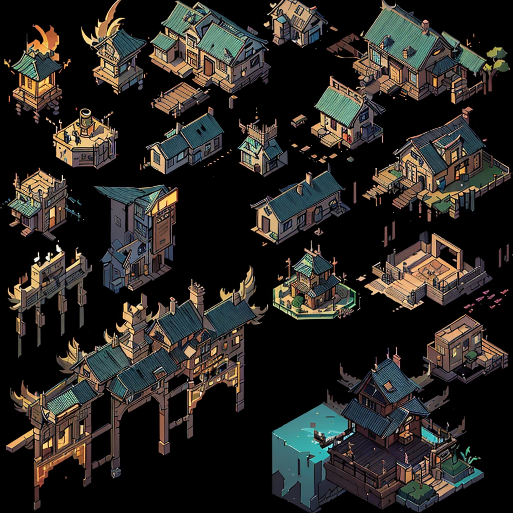 Close up of a bunch of different buildings and structures, isometric Game assets, Isometric Game Art, Isometric 2D Game Art, Isometric 3d fantasy, Game assetss, Pre-rendered isometric graphics, isometric views. Game Role Playing, Highly detailed isometric, video Game assetss, High Detail, Game assets, RPG Game Environment Assets, Isometric pixel art