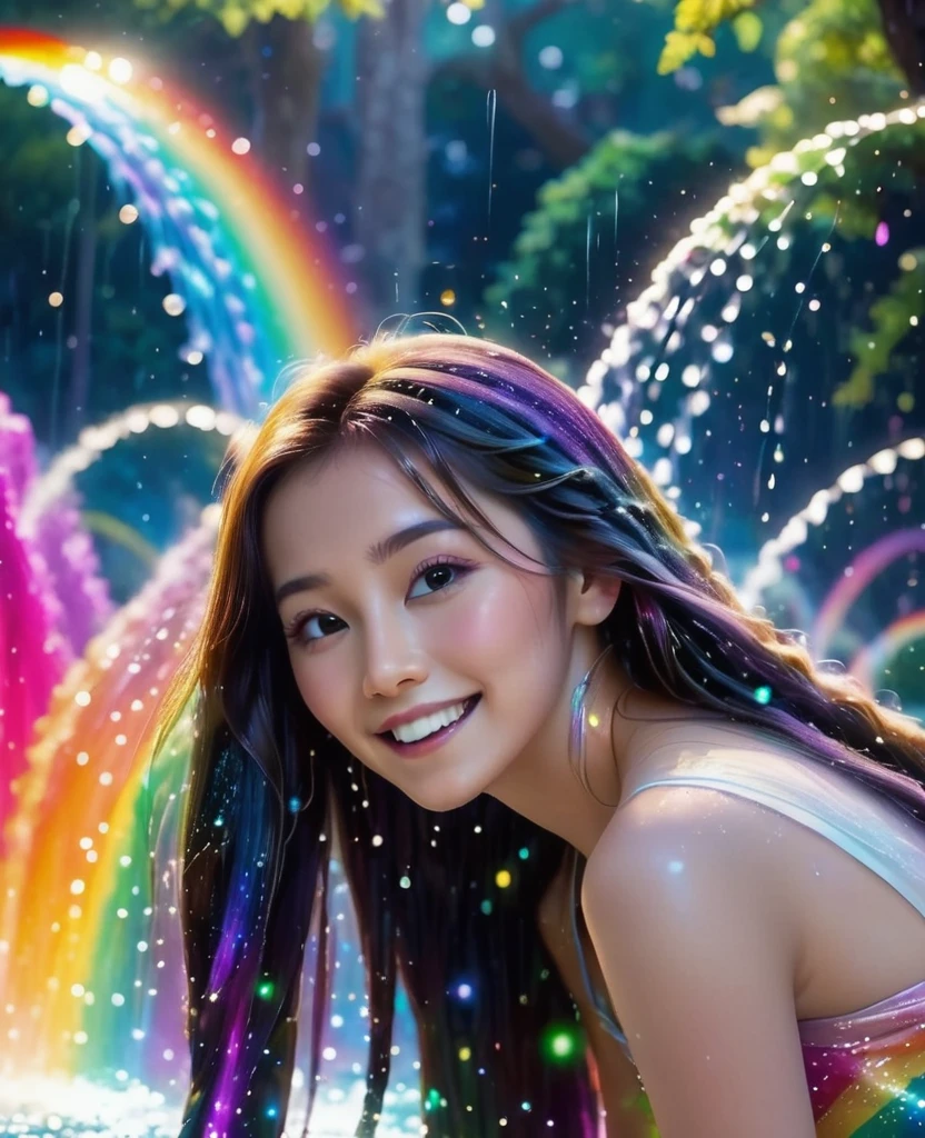 Dancing water columns of a fountain、A rainbow of sparkling light shines from the bottom of the water.,Beautiful rainbow-colored lights and various combinations of water columns,starry skies:1.5,Water droplets are rainbow,Colorful spotlight effects,Create unique patterns,A cute, beautiful girl with long hair is looking back at the foreground:1.5,Her long hair sparkles and sways in the light.,Create a colorful scene,Detailed fantasy digital art,Highly detailed digital art in 4K,fantasy art action、High-quality images、Great shots:1.5,