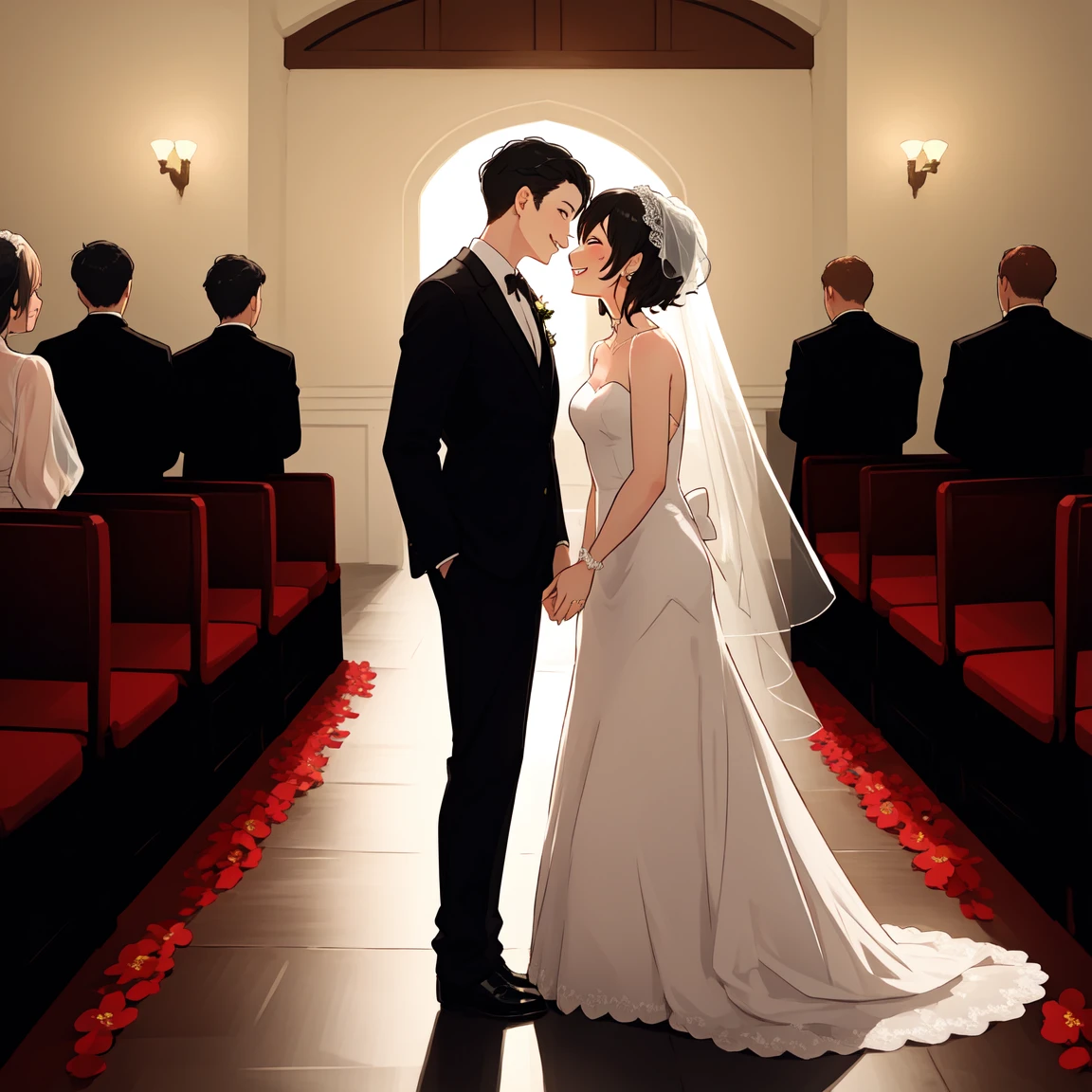 Beautiful wedding scene, Two full body characters, The groom's black hair style《Spy x 》Similar to Loid in, Wearing a black suit jacket, The bride is wearing an elegant white dress,Wearing an Islamic headscarf, Both were smiling happily, Amazingly beautiful face, Happy expression, Romantic background,Blooming cherry blossoms and soft lighting