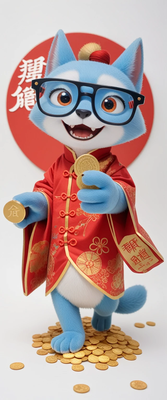 A big and fat cute Chinese God of Wealth wearing cool glasses and holding gold coins in his hands, Pixar style, furry texture, wearing trendy Chinese New Year outfit, orange, white and blue color gallery, simple white background , POP mart, kawaii style, strong lighting effects, iphone photos, super details, 3D rendering, high definition