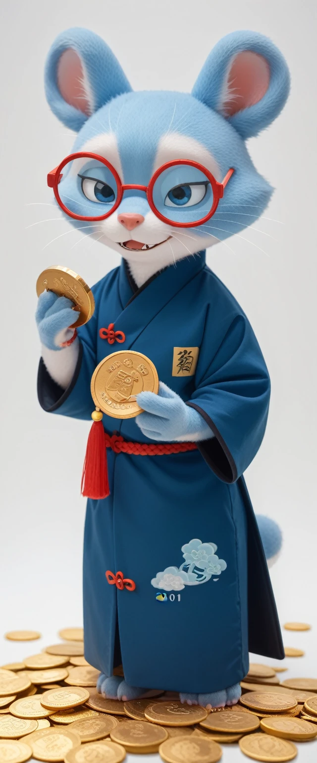 A big and fat cute Chinese God of Wealth wearing cool glasses and holding gold coins in his hands, Pixar style, furry texture, wearing trendy Chinese New Year outfit, orange, white and blue color gallery, simple white background , POP mart, kawaii style, strong lighting effects, iphone photos, super details, 3D rendering, high definition