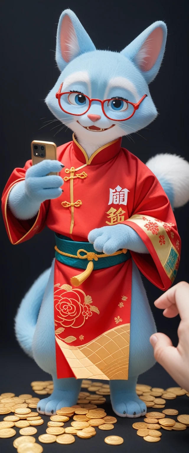 A big and fat cute Chinese God of Wealth wearing cool glasses and holding gold coins in his hands, Pixar style, furry texture, wearing trendy Chinese New Year outfit, orange, white and blue color gallery, simple white background , POP mart, kawaii style, strong lighting effects, iphone photos, super details, 3D rendering, high definition