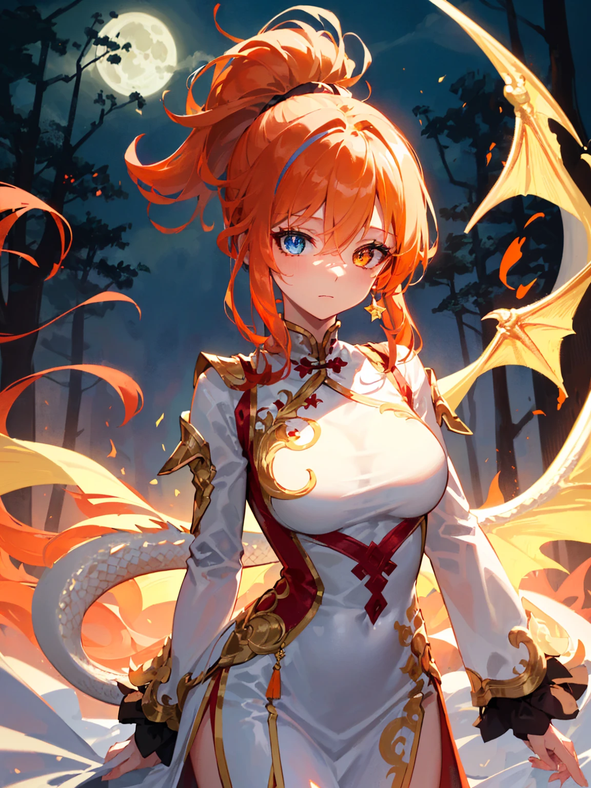 Princess (red-ish orange hair, wearing a long dress), perfect breasts, round breasts, background (forest, moon), Chinese dragon (one, five-clawed golden dragon, two wings), golden jewelry, white and golden clothes, (golden clothes:1), (white clothes:1.3), golden ornaments, elegant cutout, clothes cutout, revealing clothes, shiny silk, golden stripes clothes, detailed textures, (dragon clothes:1.3), detailed iris, sparkle eyes, star in eyes, enchanting golden eyes, (multicolored eyes), (shining dust), (heterochromia), (red-ish orange hair:1.3), (messy hair:1.3), (hair between eyes), (hair over one eye:1.1), (wavy hair:1.1), (high ponytail:1.3), (long ponytail:1.3), perfect hands, perfect fingers, perfect arms, perfect thighs, exposed hips, exposed waist,