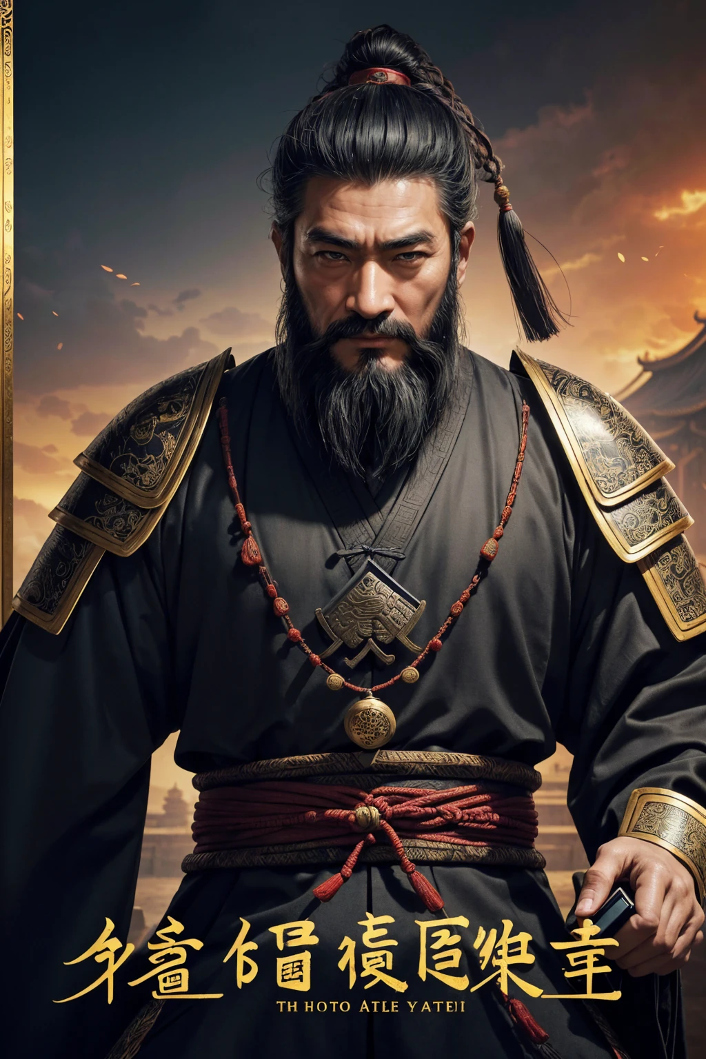 oriental、a adult man wearing ancient Chinese armor、old man with ancient chinese hairstyle、three kingdom、top-quality、masterpiece、超A high resolution、(Photorealsitic:1.4)、Game Posters、Black clothes、long beard, (((hold the phone and show the screen to the viewer)))