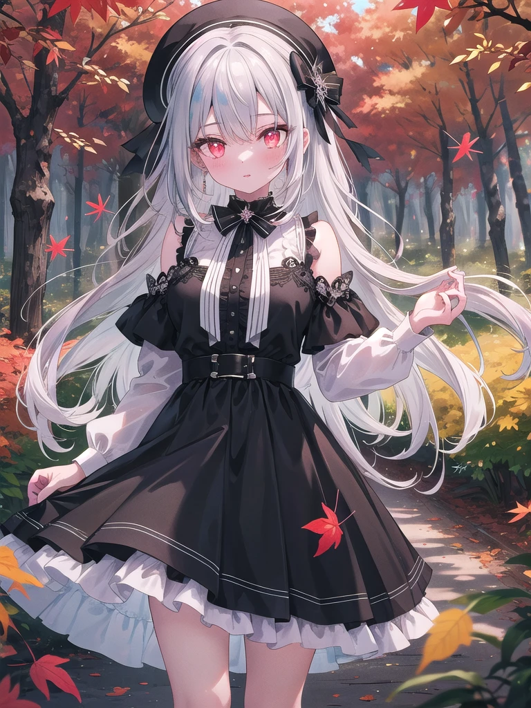 ((8k, best quality, master piece: 1.3)),super high resolution,(1 girl, solo), (colorshift eyes, hyperdetailed, expressive sparkling, glitter, glowing eyes), ultra detailed eyes, ultra-detailed face, random hair, ((pastel color)), An 18-year-old girl with silver hair and wine-red eyes, wearing a classical black frilled dress, confidently standing in a vibrant autumn forest with falling leaves, depicted in the highest quality and detail.