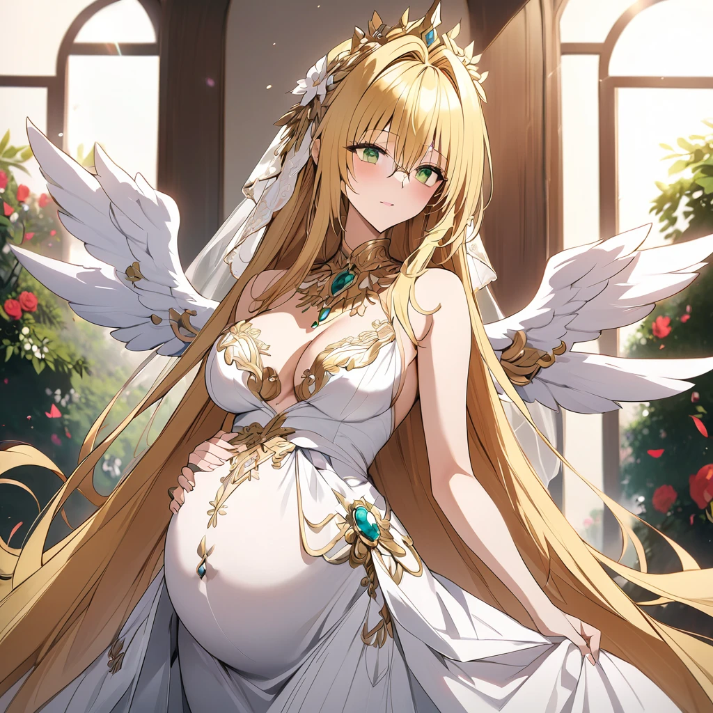 ((Highest quality)), ((masterpiece)), (detailed), (Perfect Face)、The woman is Hera, the Greek goddess, a magnificent and large angel.6An archangel and god with wings and a shining halo above his head.々The Archangel Goddess Goddess Tiara, wife of Zeus, King of the、The woman was the beautiful goddess Goddess Tiare, queen of the one and only god Zeus, with green eyes and medium-long blonde hair. She was wearing a pure white vintage wedding dress with gorgeous gold embroidery and trim, a gorgeous vintage wedding veil, gorgeous jewelry and decorations, an engagement ring, and gorgeous accessories. She was an elegant goddess, the graceful, beautiful, sacred goddess and queen Goddess Tiare.、the woman is pregnant