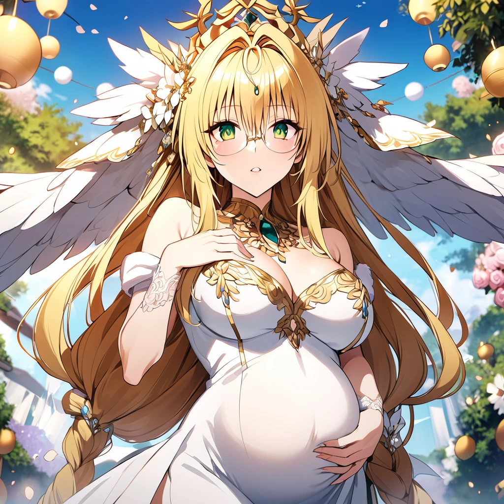 ((Highest quality)), ((masterpiece)), (detailed), (Perfect Face)、The woman is Hera, the Greek goddess, a magnificent and large angel.6An archangel and god with wings and a shining halo above his head.々Goddess Tiara, wife of Zeus, king of the gods, and queen of the sacred gods.、The woman was the beautiful goddess Goddess Tiare, queen of the one and only god Zeus, with green eyes and medium-long blonde hair. She was wearing a pure white vintage wedding dress with gorgeous gold embroidery and trim, a gorgeous vintage wedding veil, gorgeous jewelry and decorations, an engagement ring, and gorgeous accessories. She was an elegant goddess, the graceful, beautiful, sacred goddess and queen Goddess Tiare.、the woman is pregnant