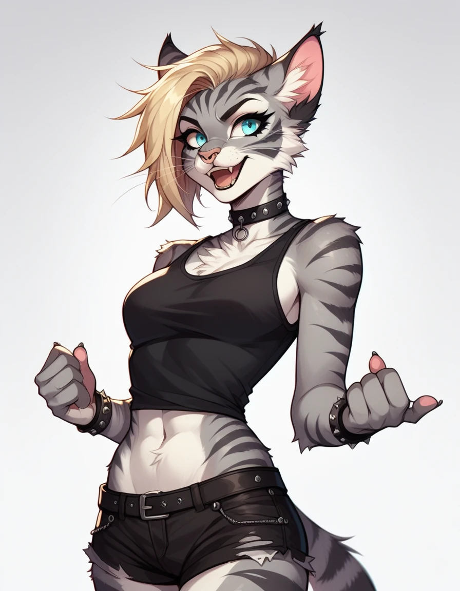 score_9,score_8_up,score_7_up, score_6_up, score_5_up,source_anime, Kat, Anthro furry feline, silver fur, grey stripes on body, blue eyes, furrowed eyebrows, open mouth, long blonde hair, undercut hair, one side of hair shaved, pink nose, :3, female, wearing black tank top, heavy metal band shirt, heavy metal band design on her shirt, black Jean short shorts, black studded bracelets, choker, nose ring, black mascara, gauged ears, simple white background, standing, heavy metal aesthetic,