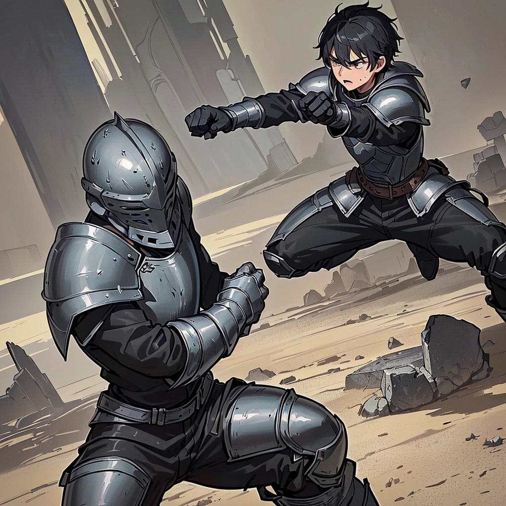 Best illustrations、Best Quality、(have a round shield)、(((Simple grey armor、Black trousers、Black gloves、Short Hair、Black Hair、20 year old man、Iron Helmet)))、(((Fighting Pose)))、(Old ruins、desert。Grass)、(Black, muddy swamp)、(Medieval Knight)、(Close your eyes、get annoyed、Open your mouth、Get angry、Sweat)、battlefield、(Dramatic Angle)