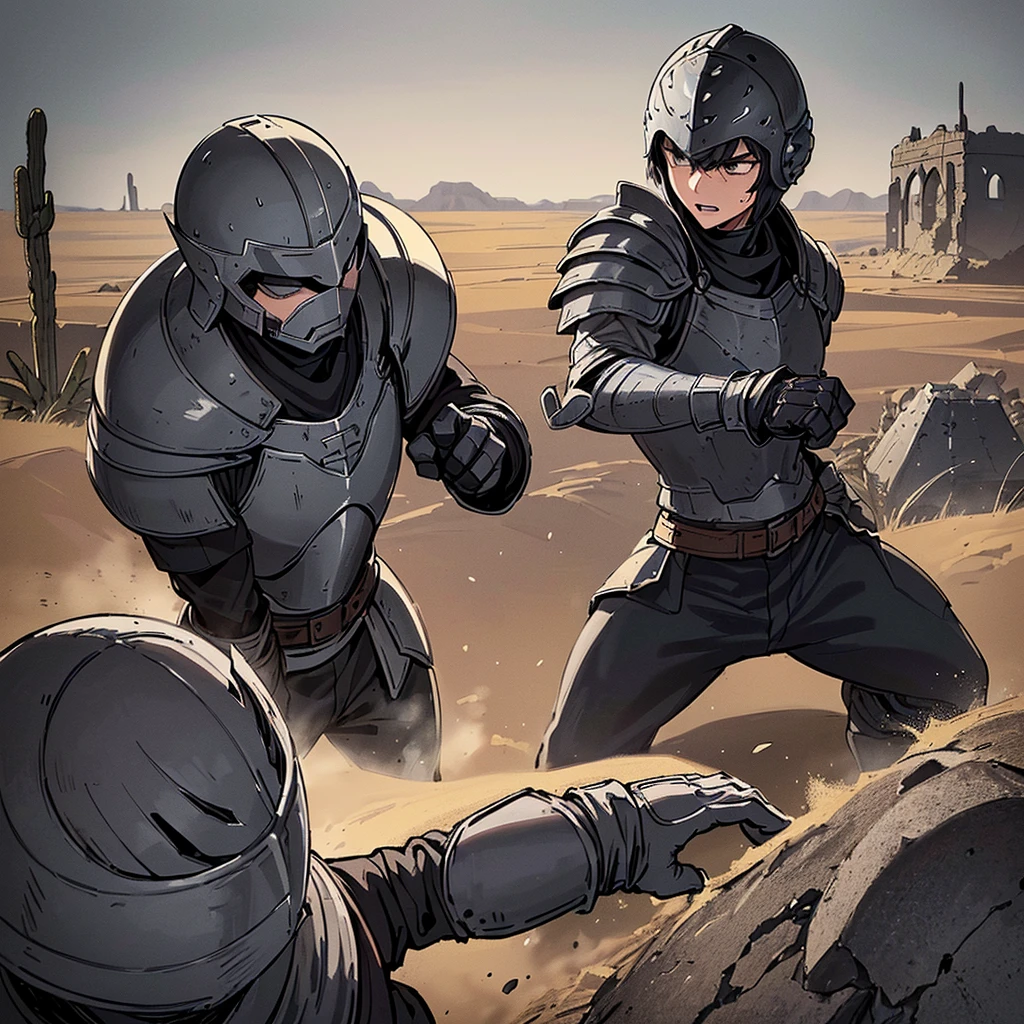 Best illustrations、Best Quality、(have a round shield)、(((Simple grey armor、Black trousers、Black gloves、Short Hair、Black Hair、20 year old man、Iron Helmet)))、(((Fighting Pose)))、(Old ruins、desert。Grass)、(Black, muddy swamp)、(Medieval Knight)、(Close your eyes、get annoyed、Open your mouth、Get angry、Sweat)、battlefield、(Dramatic Angle)