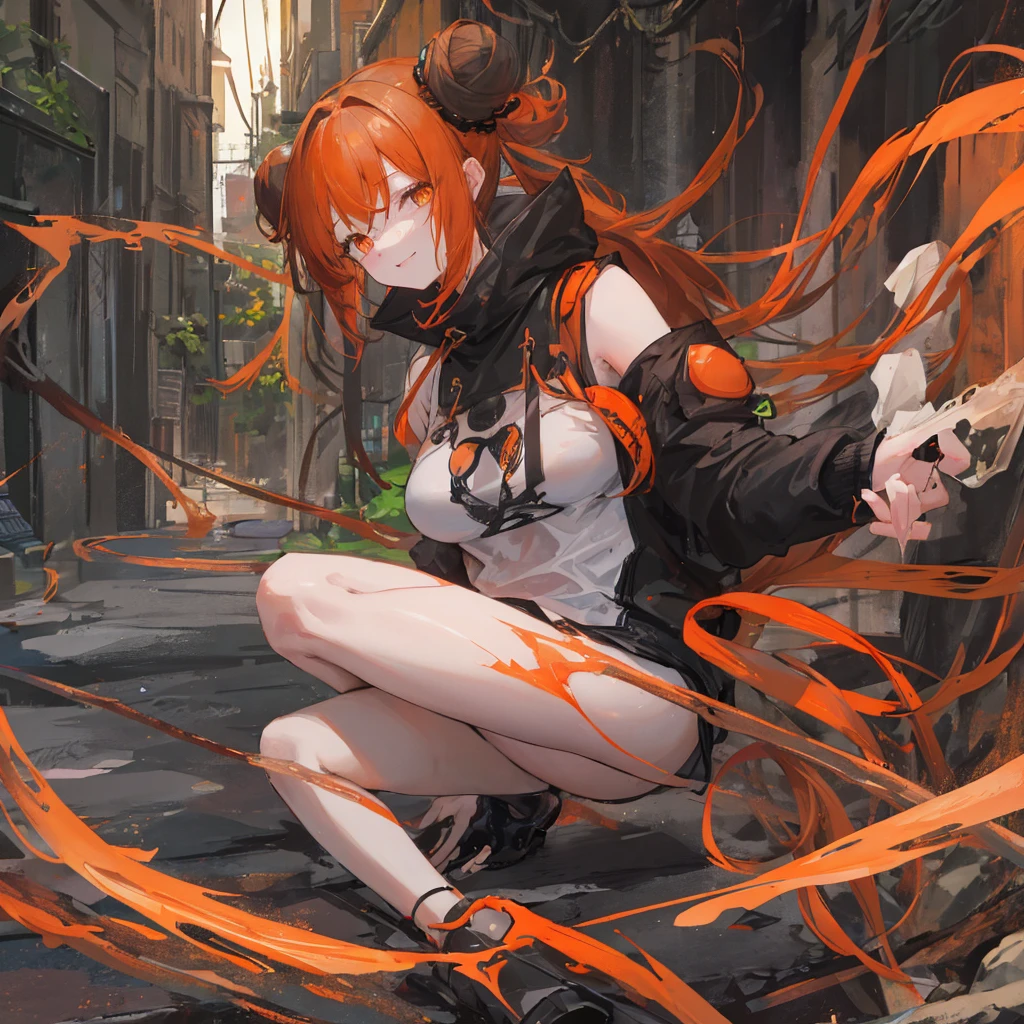 Orange Eyes、Dark orange hair、Small breasts、A single bun with slightly longer hair down、Black hoodie、female、In a narrow dungeon covered with moss、laughing、Common Iron Sword、alone