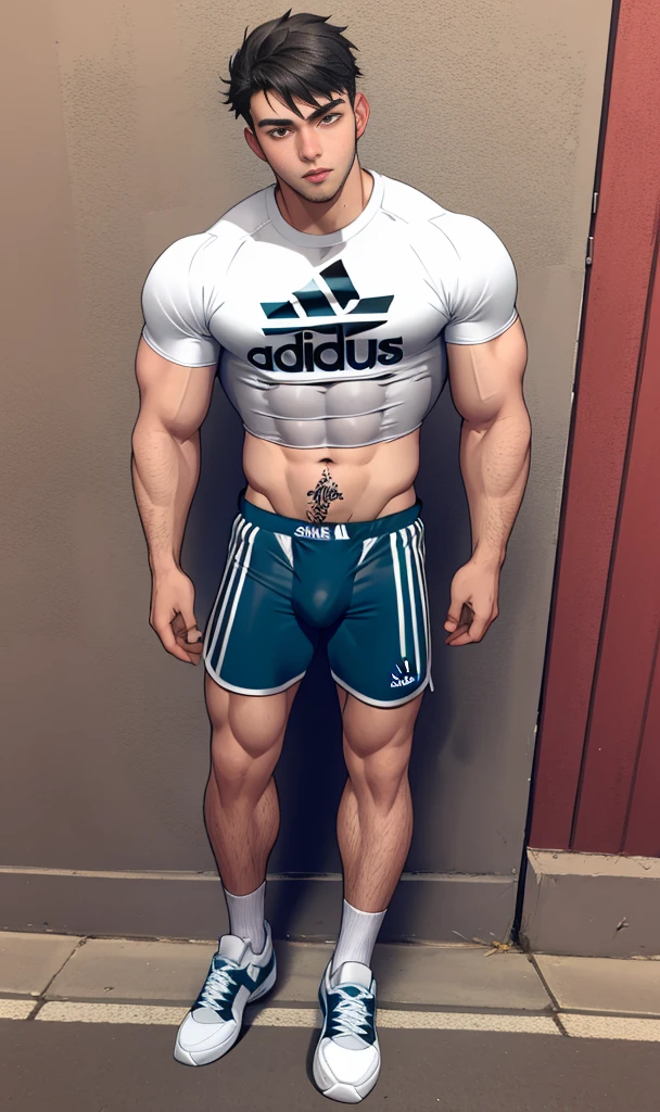 toned young man, full body, short black hair, adidas shirt, tight fitting shorts, bulge, chavalpha