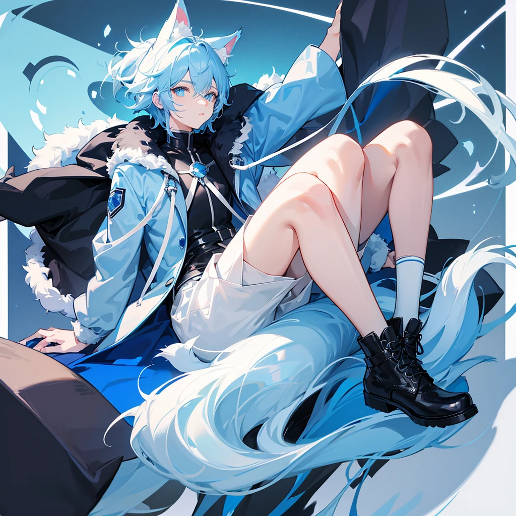 Light blue haired boy,spongy fur,blue eye and a white eye,long fluffy cat tail of white color, White skin,red and blue jacket, black pantaloon,black shoes,light blue cat ears 