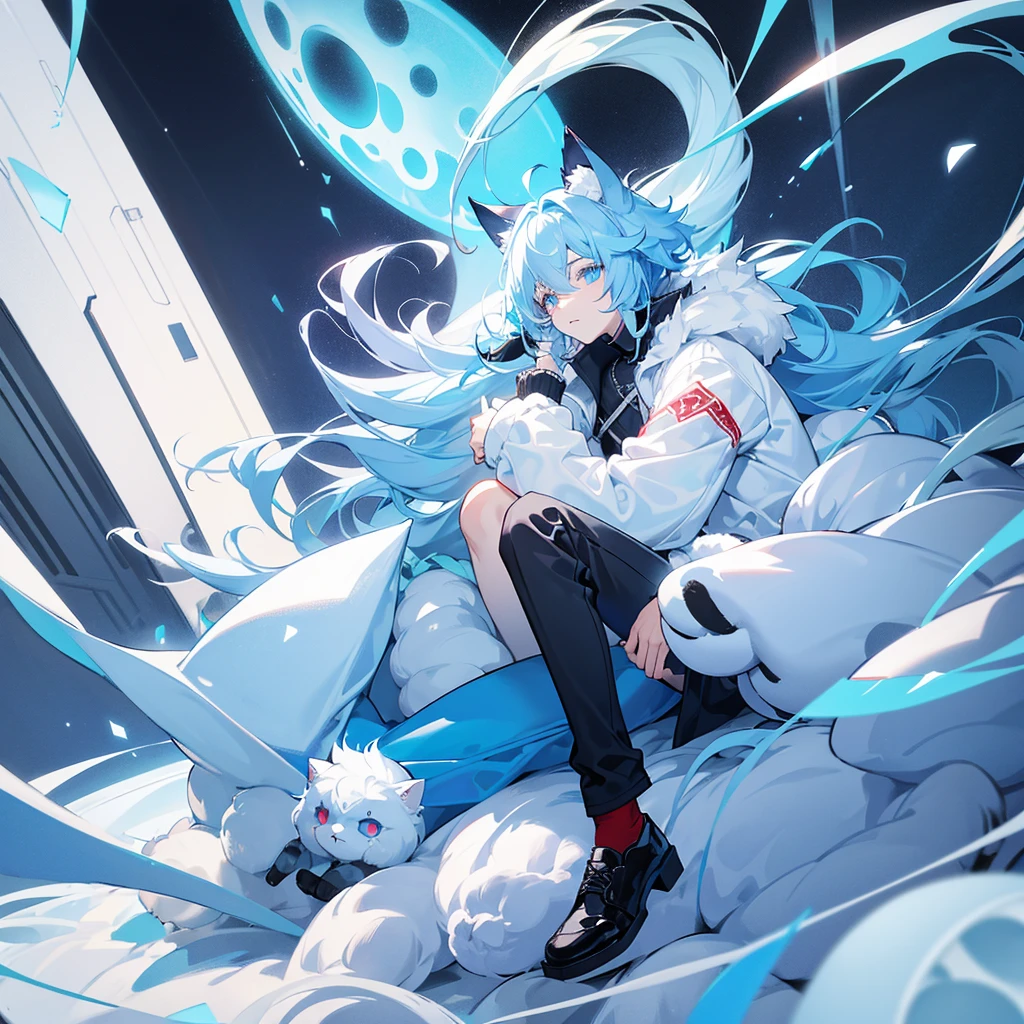 Light blue haired boy,spongy fur,blue eye and a white eye,long fluffy cat tail of white color, White skin,red and blue jacket, black pantaloon,black shoes,light blue cat ears