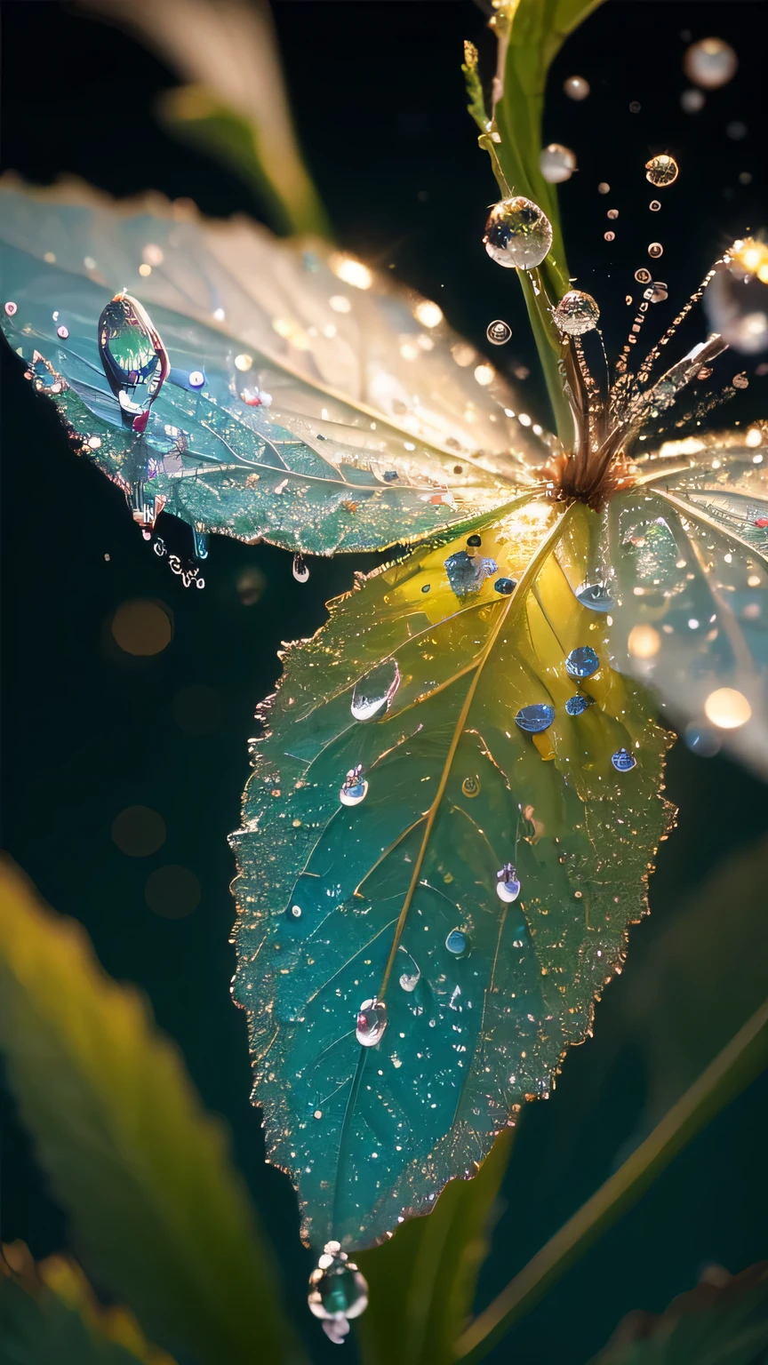 Close-up of a plant with water droplets, Macro photography by Marie Bashkirtseff, Flicker, Pointillism, Bokeh. iridescent accents, very Mysterious, Mysterious!!!!!!!, lovely Bokeh, incredibly Mysterious, Mysterious!!!, Glitter and softness, . Mysterious lights, Mysterious beauty, Dew Drops, So magical and dreamy