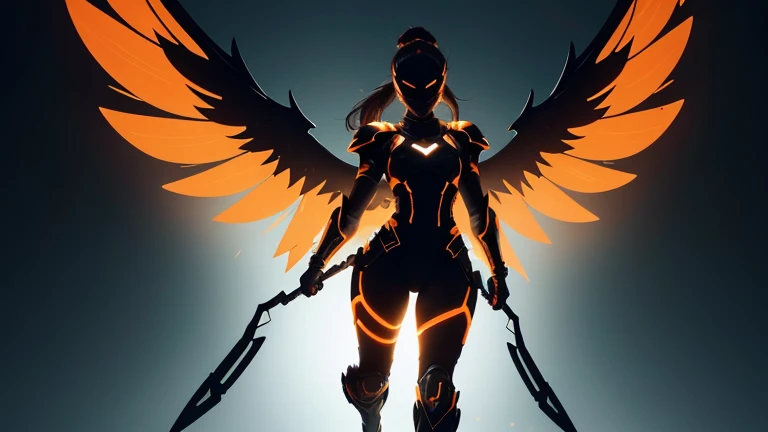 A full-body silhouette of an athletic woman walking determinedly towards the front, backlit by an orange glow. She wears futuristic armor and a circular helmet, with long hair tied in a ponytail. Her large, open wings are fully visible and extend without being cut off by the edges of the image. The entire figure is black, creating a striking contrast against the orange light
