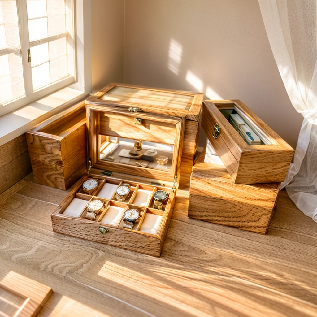 In this cozy room，A ray of sunlight shone through the half-drawn curtains on the table，Let the wood grain on the watch storage box shine with a faint luster。There was a calm and peaceful atmosphere in the air around them。There are several still lifes hanging on the walls of the room，It adds a touch of elegance to the space。And on the other side of the room，The half-open window lets in the breeze，The pages on the small desk by the window turned in the wind，This quiet scene gives a sense of tranquility and comfort。