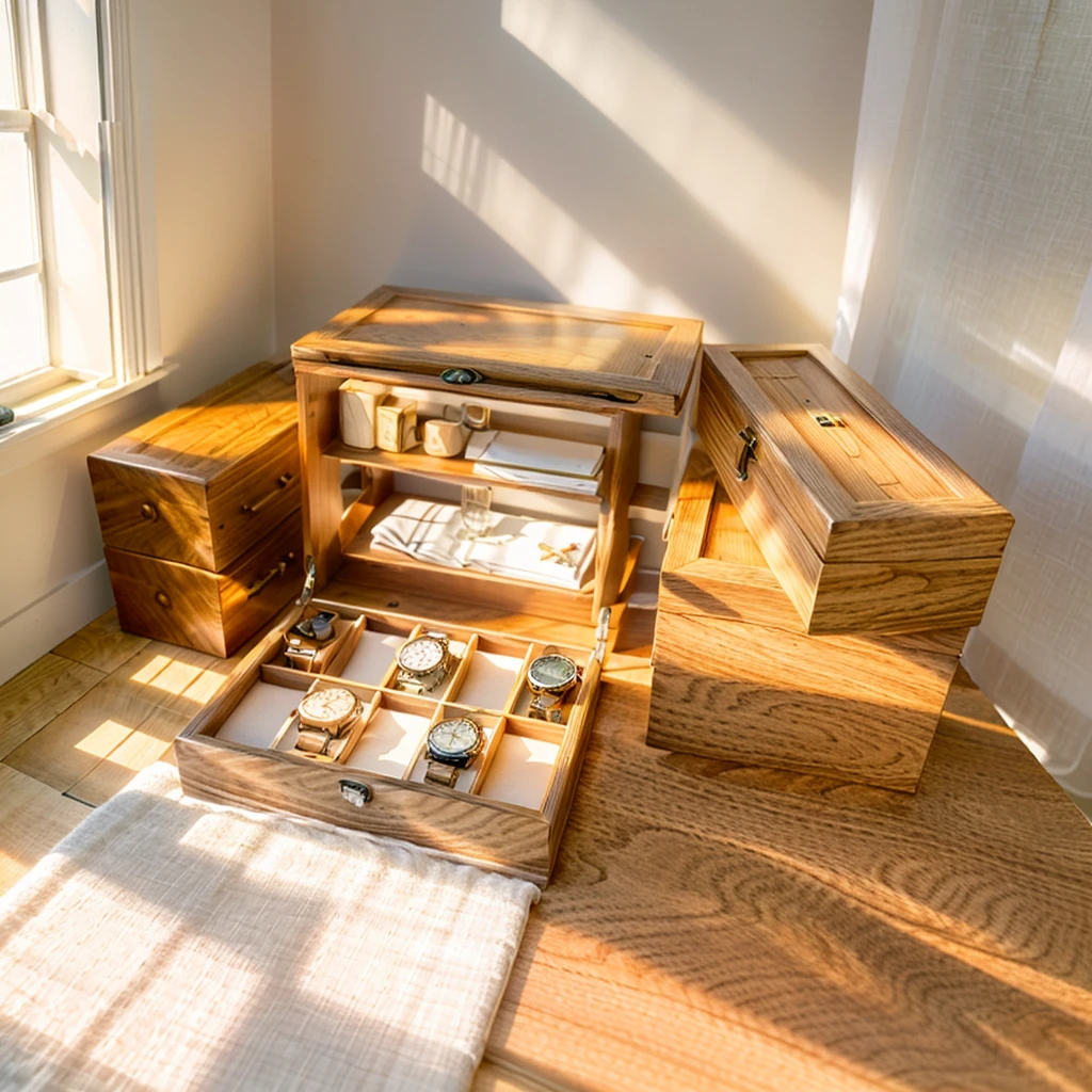 In this cozy room，A ray of sunlight shone through the half-drawn curtains on the table，Let the wood grain on the watch storage box shine with a faint luster。There was a calm and peaceful atmosphere in the air around them。There are several still lifes hanging on the walls of the room，It adds a touch of elegance to the space。And on the other side of the room，The half-open window lets in the breeze，The pages on the small desk by the window turned in the wind，This quiet scene gives a sense of tranquility and comfort。