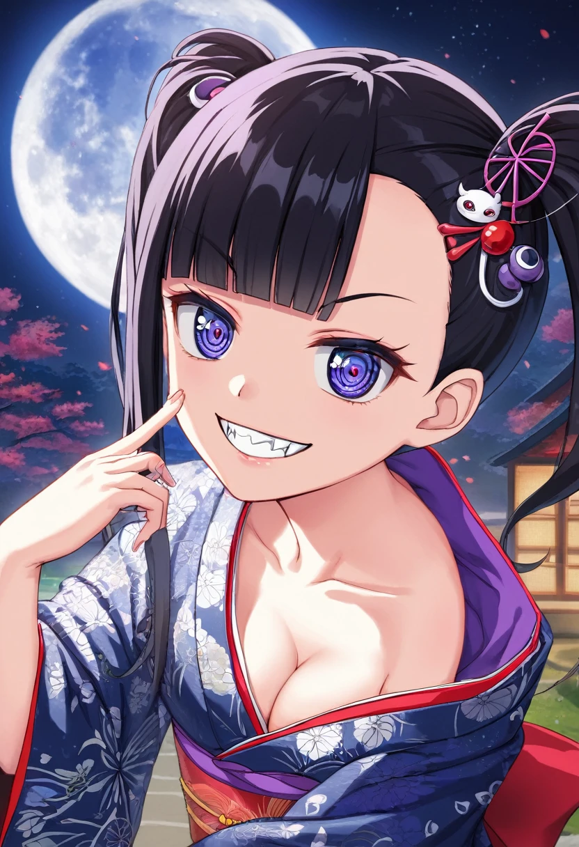 prompt（Re-adjusted version）
beautiful, masterpiece, Highest quality, HiqCG Body, anime, (1 Girl:1.5), Portrait Shot, View your viewers, Wet Skin, Intricate details, Little Woman, Her eyes were shining like dreamy stars.,(Shining Eyes:1.3),(Beautifully detailed eyes:1.1)、[[Delicate fingers and hands:0.55]::0.85],(Detailed reference),(Thick black hair, Eyes are bright purple,(Sharp Eye:1.3), (tsurime:1.5), Twin tails,Straight Hair,(Asymmetrical bangs:1.2),(Blunt Bangs:1.3), (hairpin:1.2), Young face,Childlike,Small devil,Succubus,Vampire,Double teeth,Small corner),(kimono),Dynamic Pose,(yandere:1.1),(yandere smile:1.3),(smirk:1.3) ,Cleavage,High angle shot、(night:1.4)、(full moon:1.1),Focus on the chest,(Shake your head:1.2), Thick black hair, kimono, firework