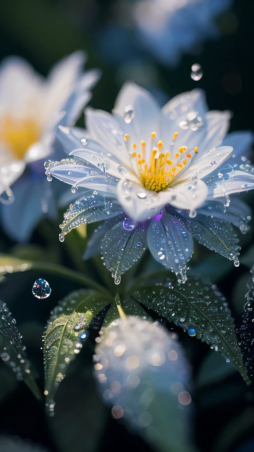 Close-up of a plant with water droplets, Macro photography by Marie Bashkirtseff, Flicker, Pointillism, Bokeh. iridescent accents, very Mysterious, Mysterious!!!!!!!, lovely Bokeh, incredibly Mysterious, Mysterious!!!, Glitter and softness, . Mysterious lights, Mysterious beauty, Dew Drops, So magical and dreamy