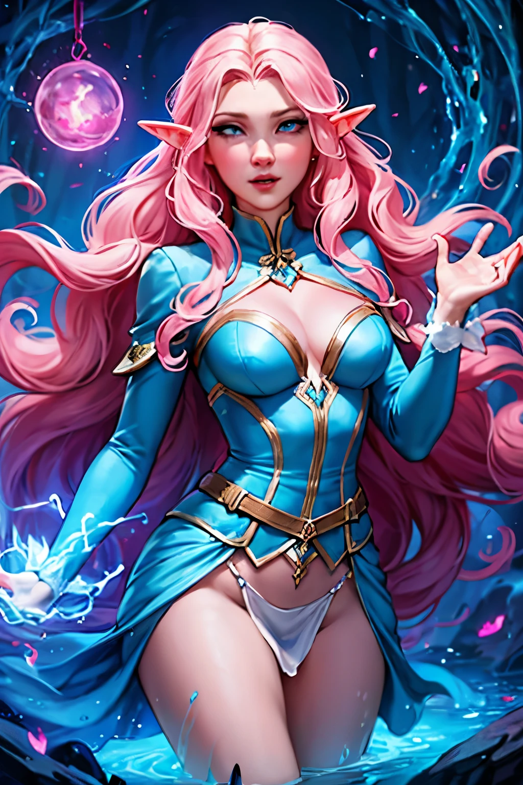 Woman, long wavy hair, pink hair, blue eyes, elf, magic in her hands, sexy, concentrated, bright eyes ,Two hands holding magic,Powerful woman, floating,
