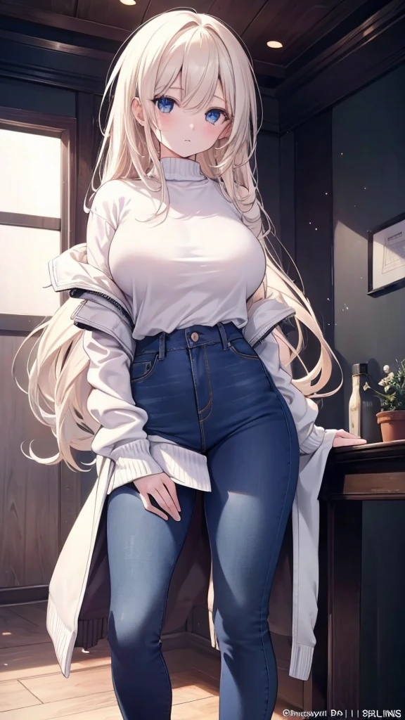 girl:1.3), Solitary, __body parts__ Delicate and realistic skin, Pale skin, Large target, Official Art, Unity 16K Wallpaper, Ultra Detailed, beauty, masterpiece, best quality, Awesome atmosphere, Calming color palette, A calm mood, Soft shadows, , charm,((Larger breasts)),,((jeans)),sweater,blush,liquid,cute,Sportswear,Colorful,Short skirt