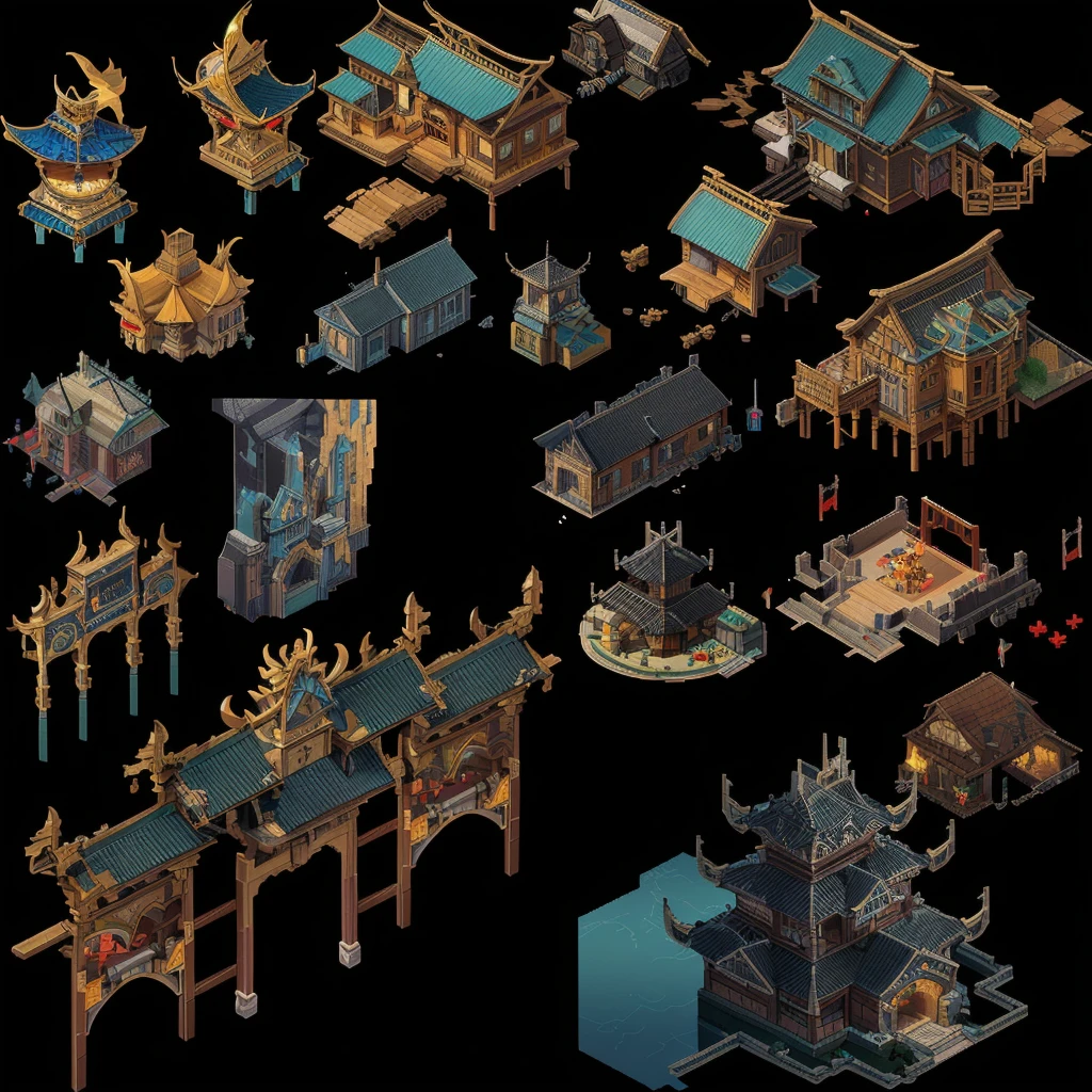 Close up of a bunch of different buildings and structures, isometric Game assets, Isometric Game Art, Isometric 2D Game Art, Isometric 3d fantasy, Game assetss, Pre-rendered isometric graphics, isometric views. Game Role Playing, Highly detailed isometric, video Game assetss, High Detail, Game assets, RPG Game Environment Assets, Isometric pixel art